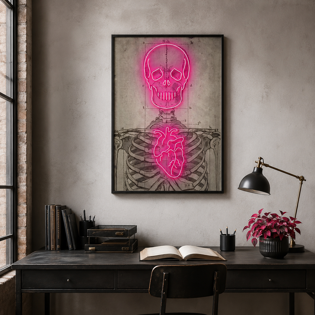 Neon Anatomy — Skull and Heart on Vintage Diagra