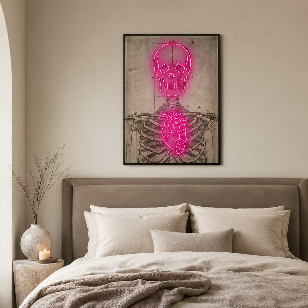 Neon Anatomy — Skull and Heart on Vintage Diagra