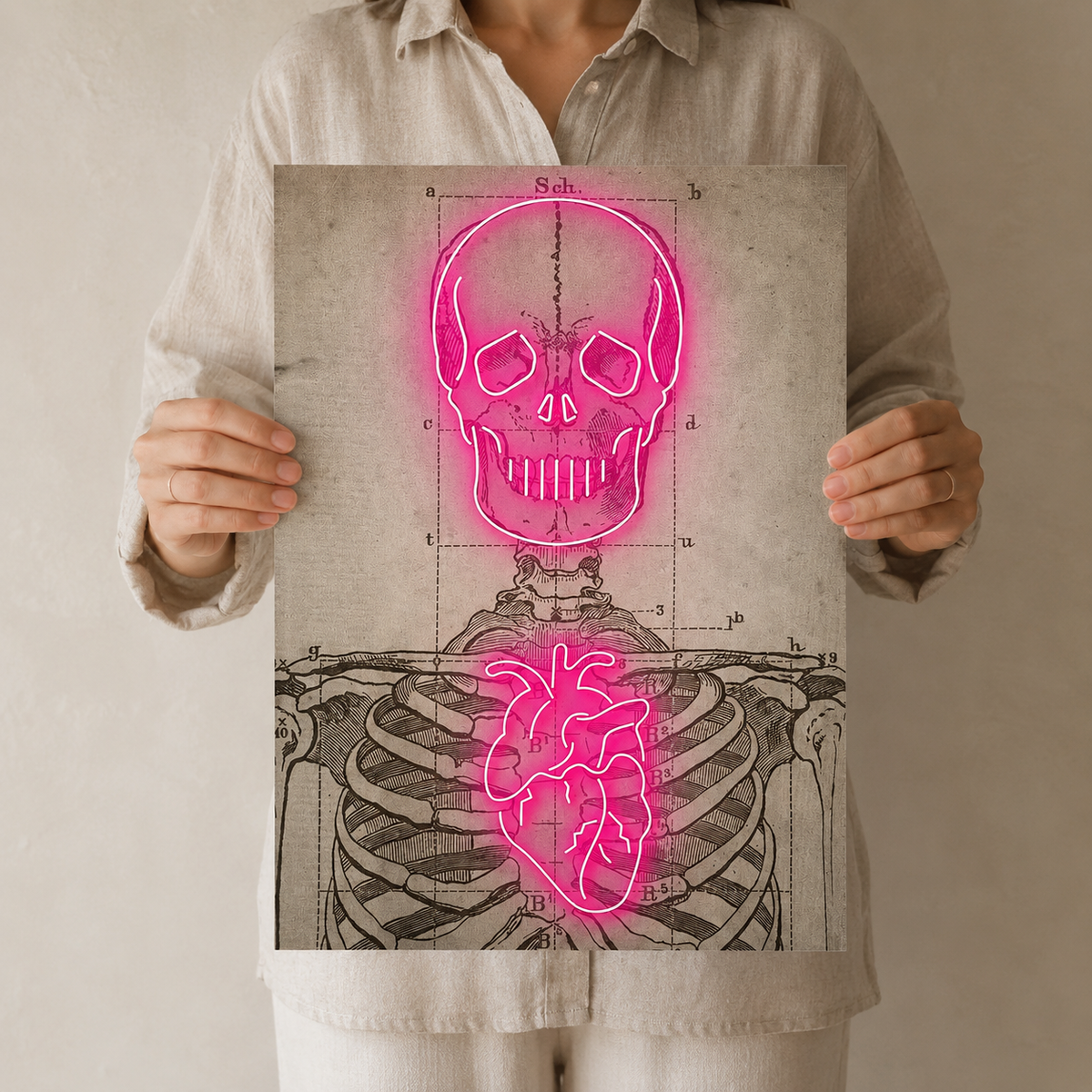 Neon Anatomy — Skull and Heart on Vintage Diagra