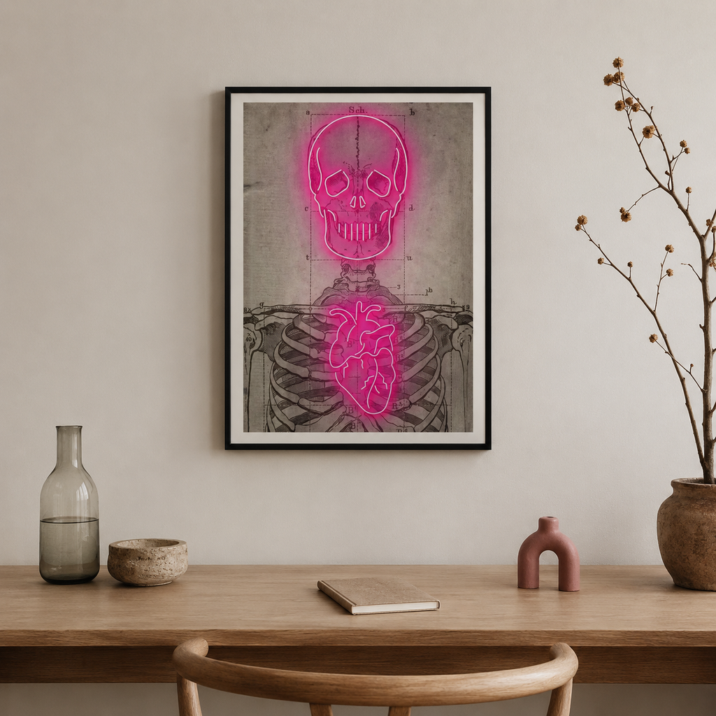 Neon Anatomy — Skull and Heart on Vintage Diagra