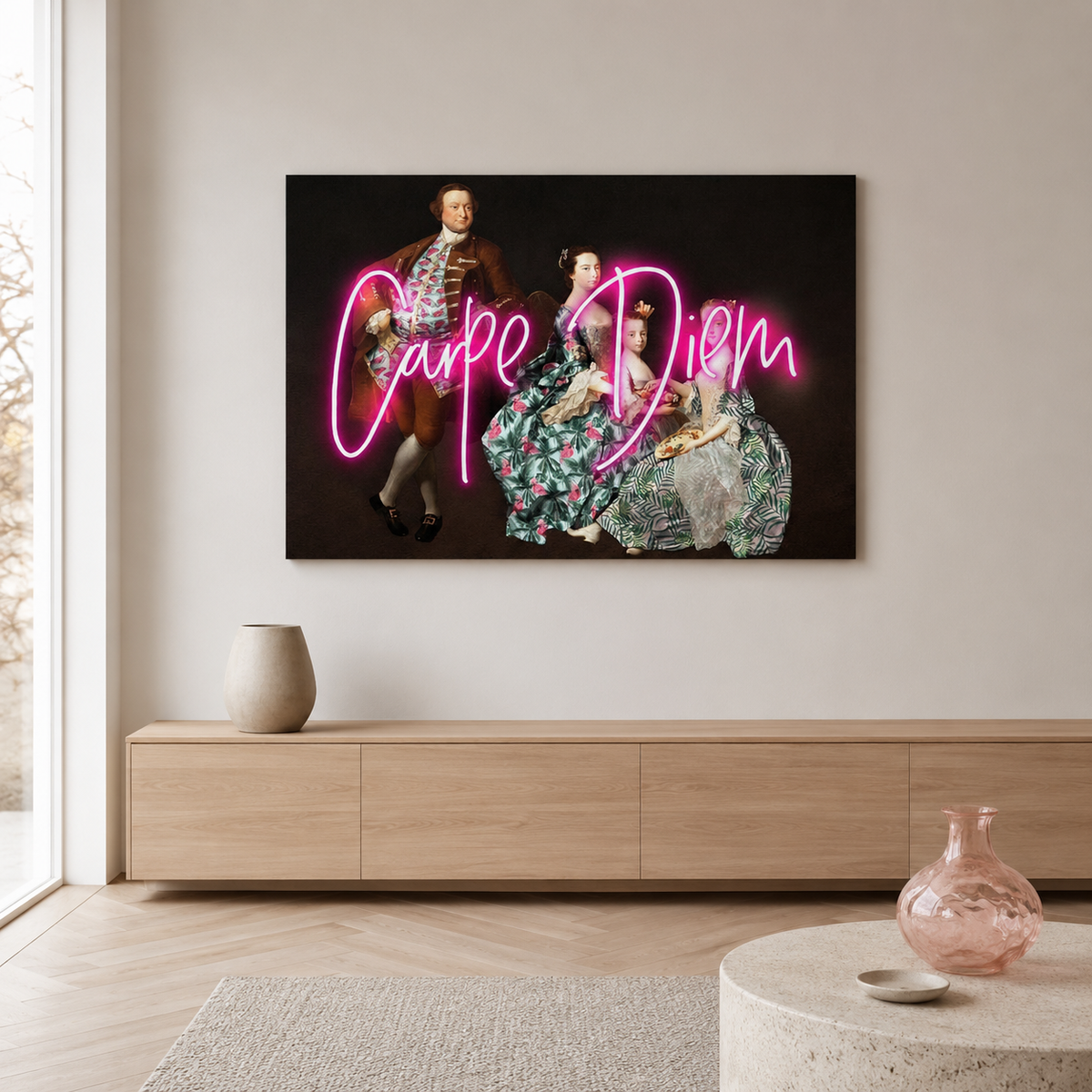 Carpe Diem — Neon Slogan Over a Victorian Portrait