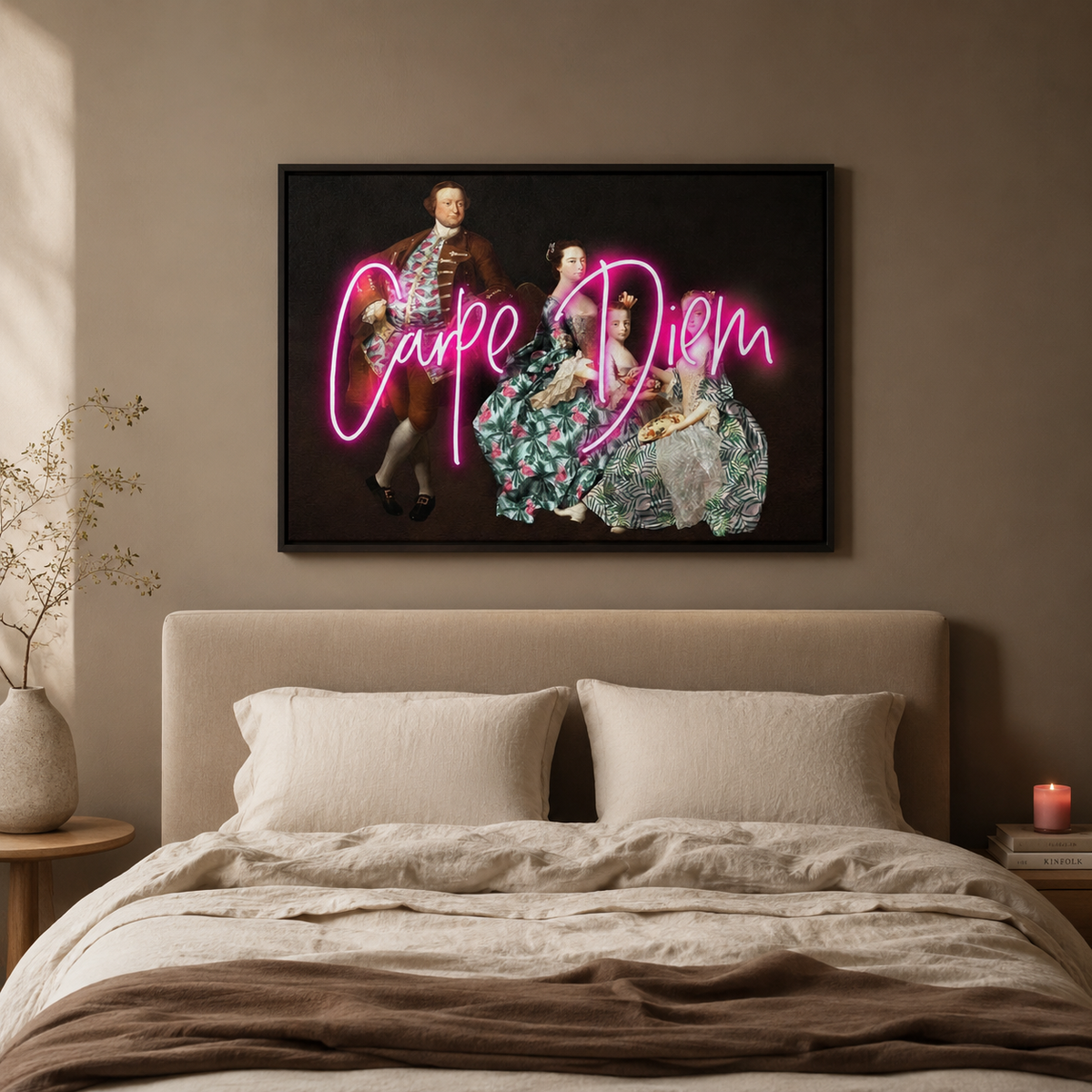 Carpe Diem — Neon Slogan Over a Victorian Portrait