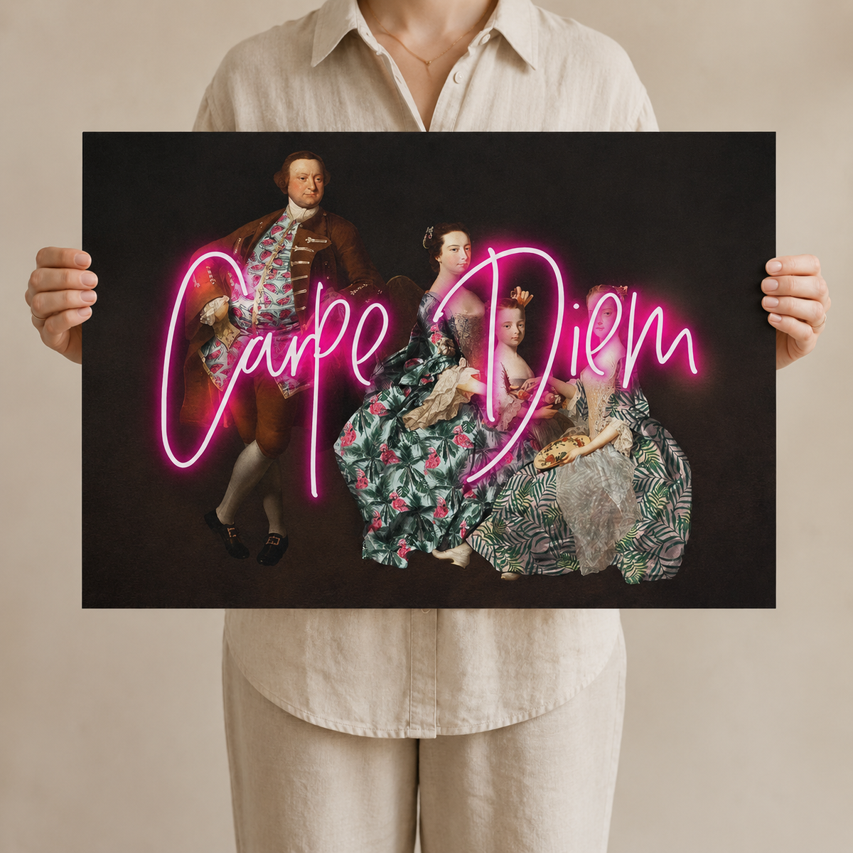 Carpe Diem — Neon Slogan Over a Victorian Portrait