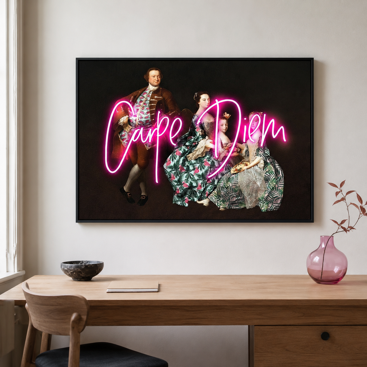 Carpe Diem — Neon Slogan Over a Victorian Portrait
